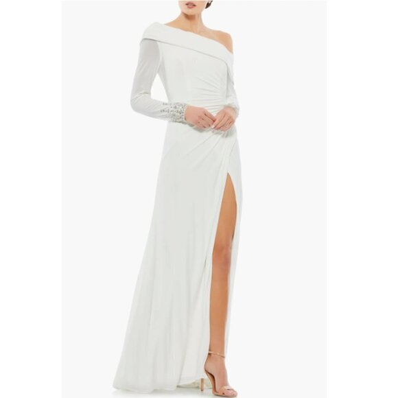 NEW Mac Duggal One-Shoulder Long Sleeve Jersey Gown Size 14